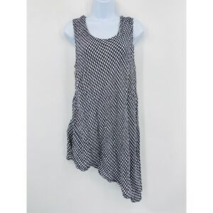 FLAX Asymmetrical Tunic Top Women Medium Blue Gingham Linen Sleeveless Tunic‎